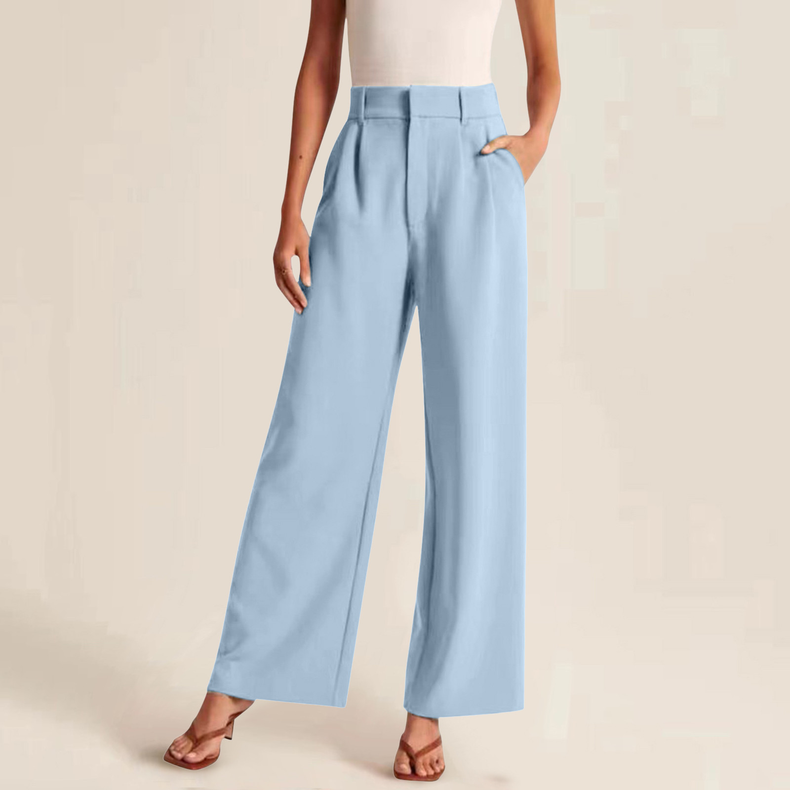thumbnail image 2 of Pantalones de vestir de cintura alta y pierna ancha para mujer: pantalones fluidos de estilo informal de oficina para el trabajo y el día a día, 2 of 6
